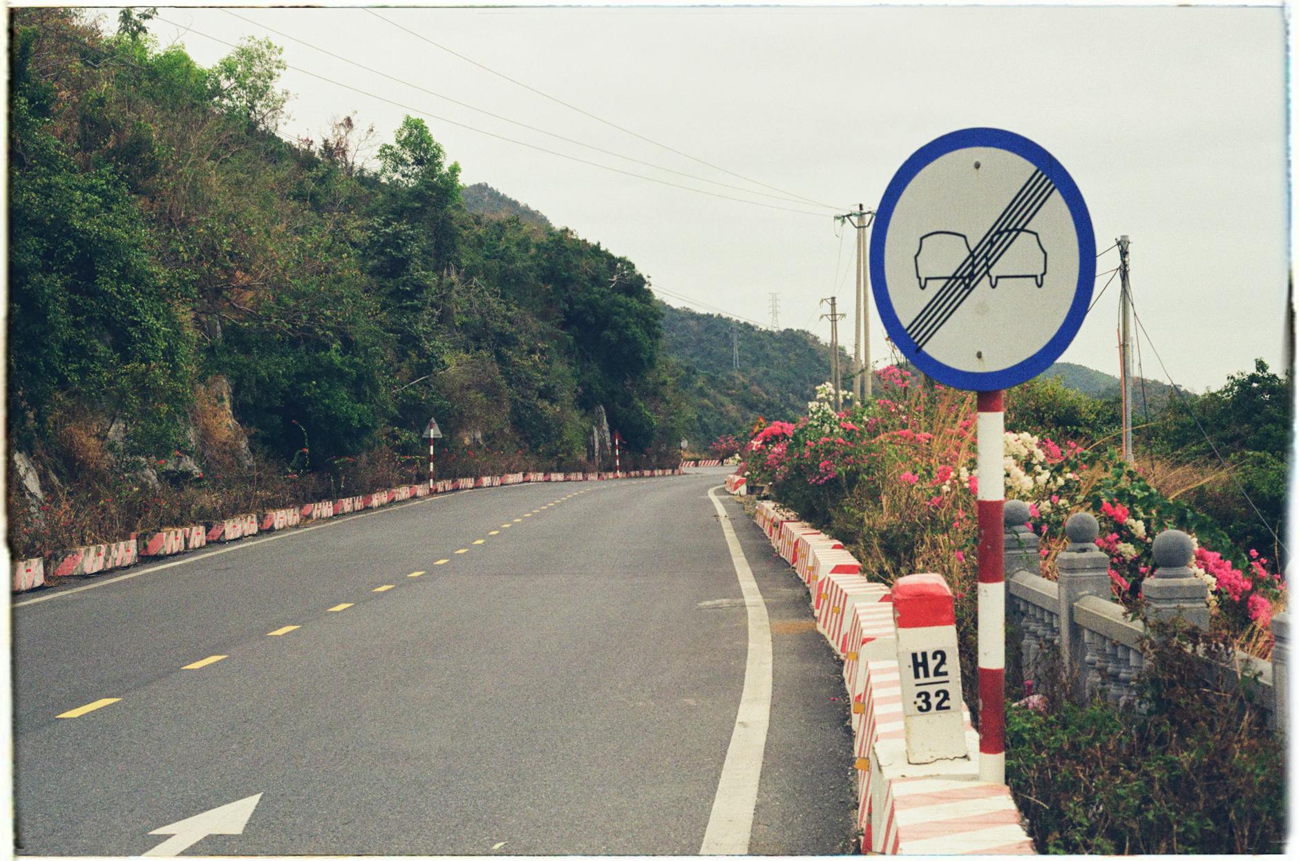 Znak zakazu wyprzedzania przy spokojnej wiejskiej drodze otoczonej zielenią